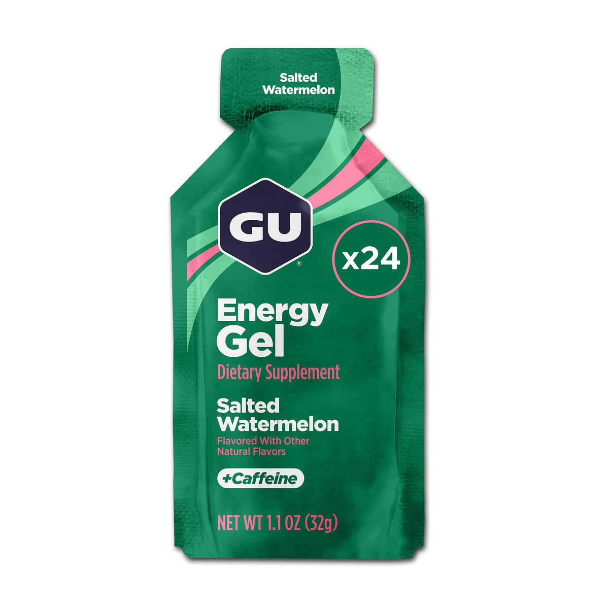 GU Energy gel frontal del paquete muestra sabor salted watermelon y conveniencia