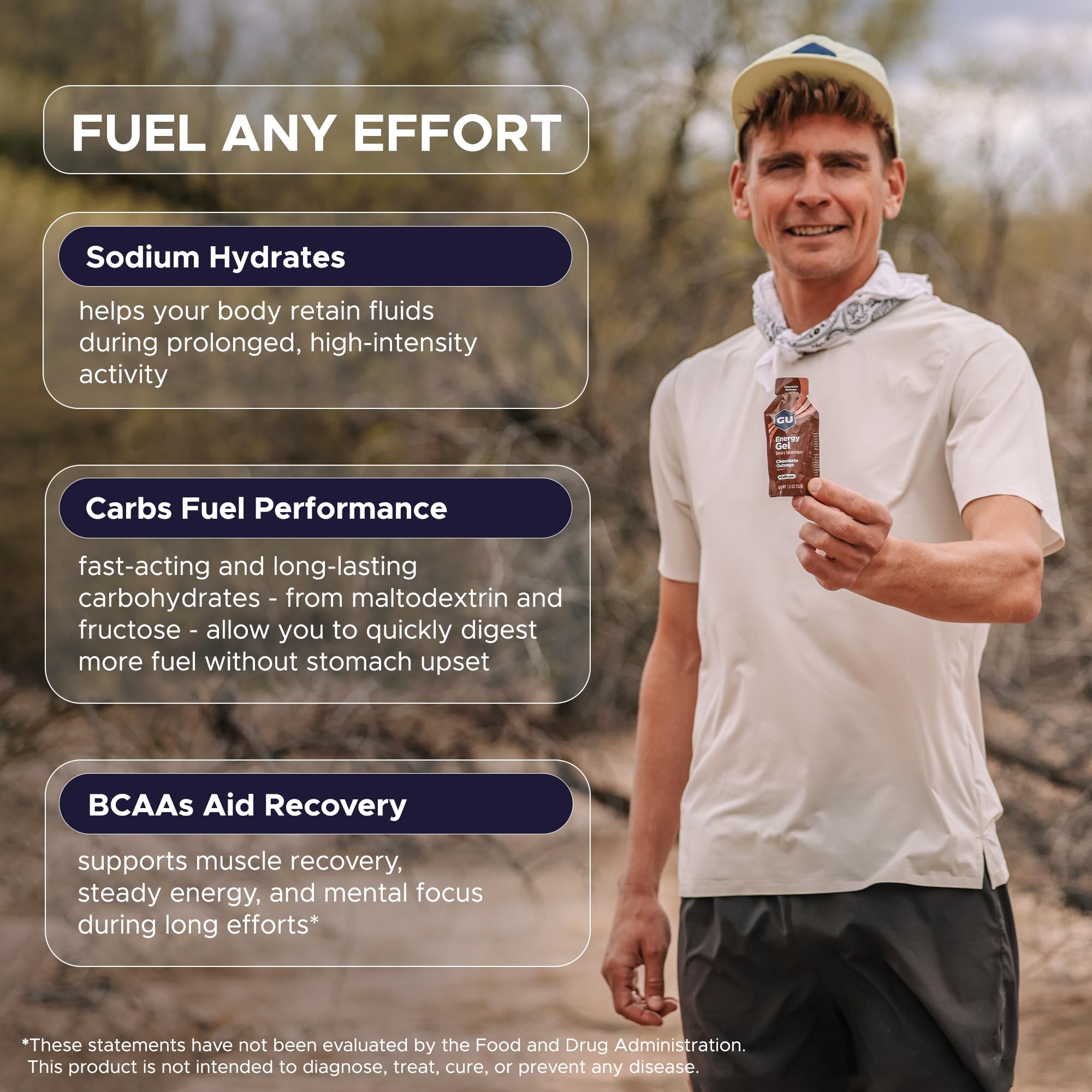 GU Energy gel en mano para comparar tamaño y mostrar conveniencia en ruta