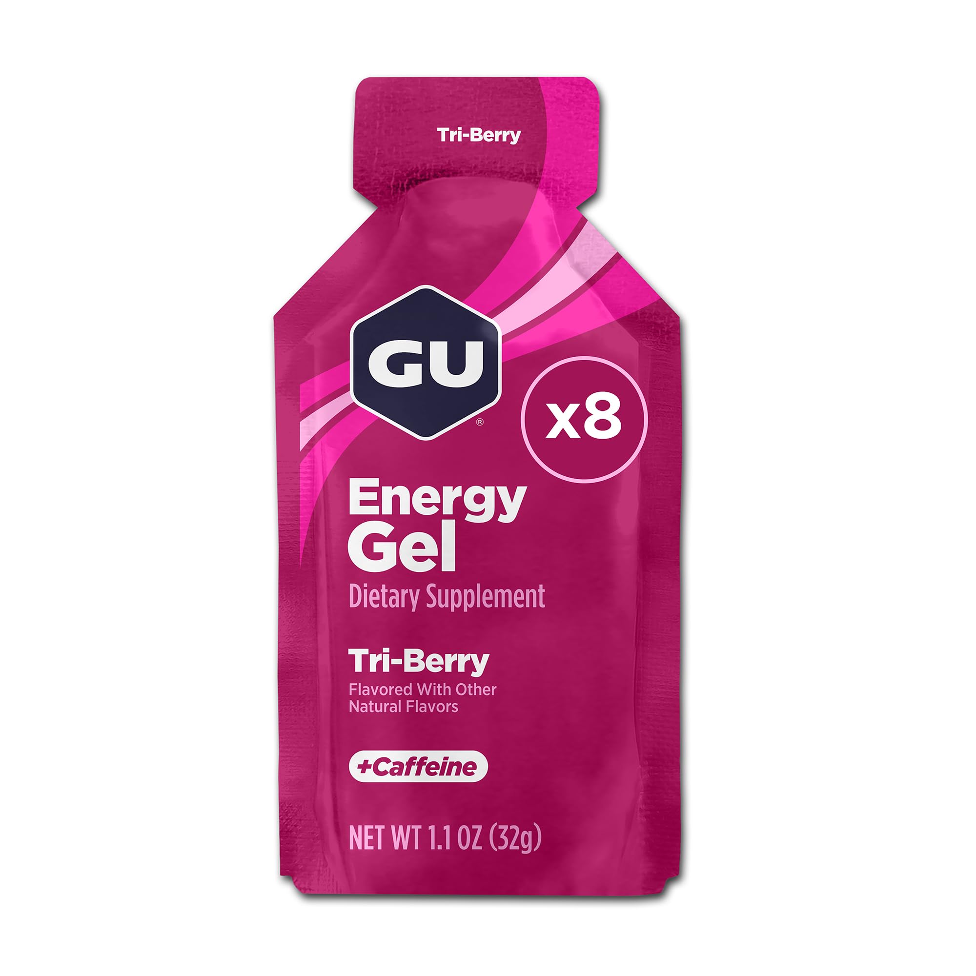 GU Energy empaque frontal mostrando sello vegano y beneficio energético