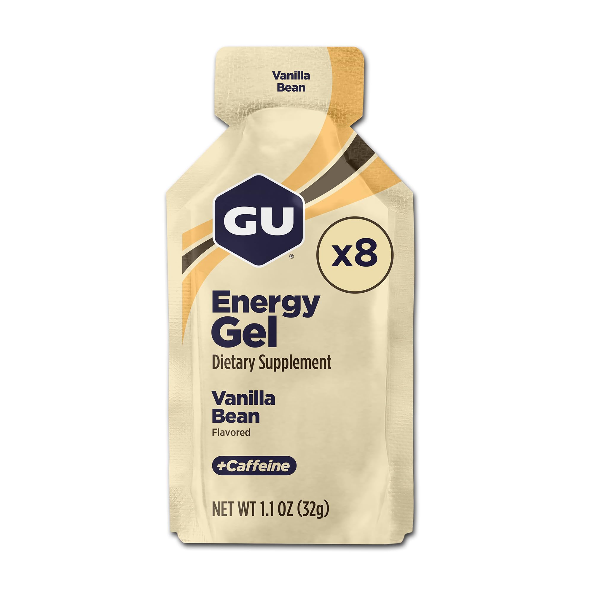 GU Energy gel frontal del empaque mostrando conveniencia y 100 calorías