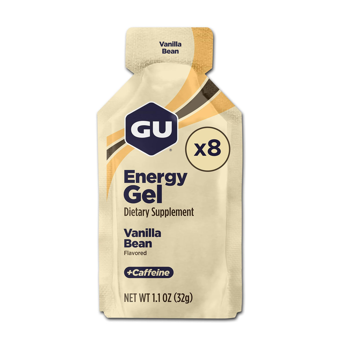 GU Energy gel frontal del empaque mostrando conveniencia y 100 calorías