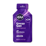 GU Energy empaque frontal Jet Blackberry mostrando 24 sobres y beneficios nutricionales