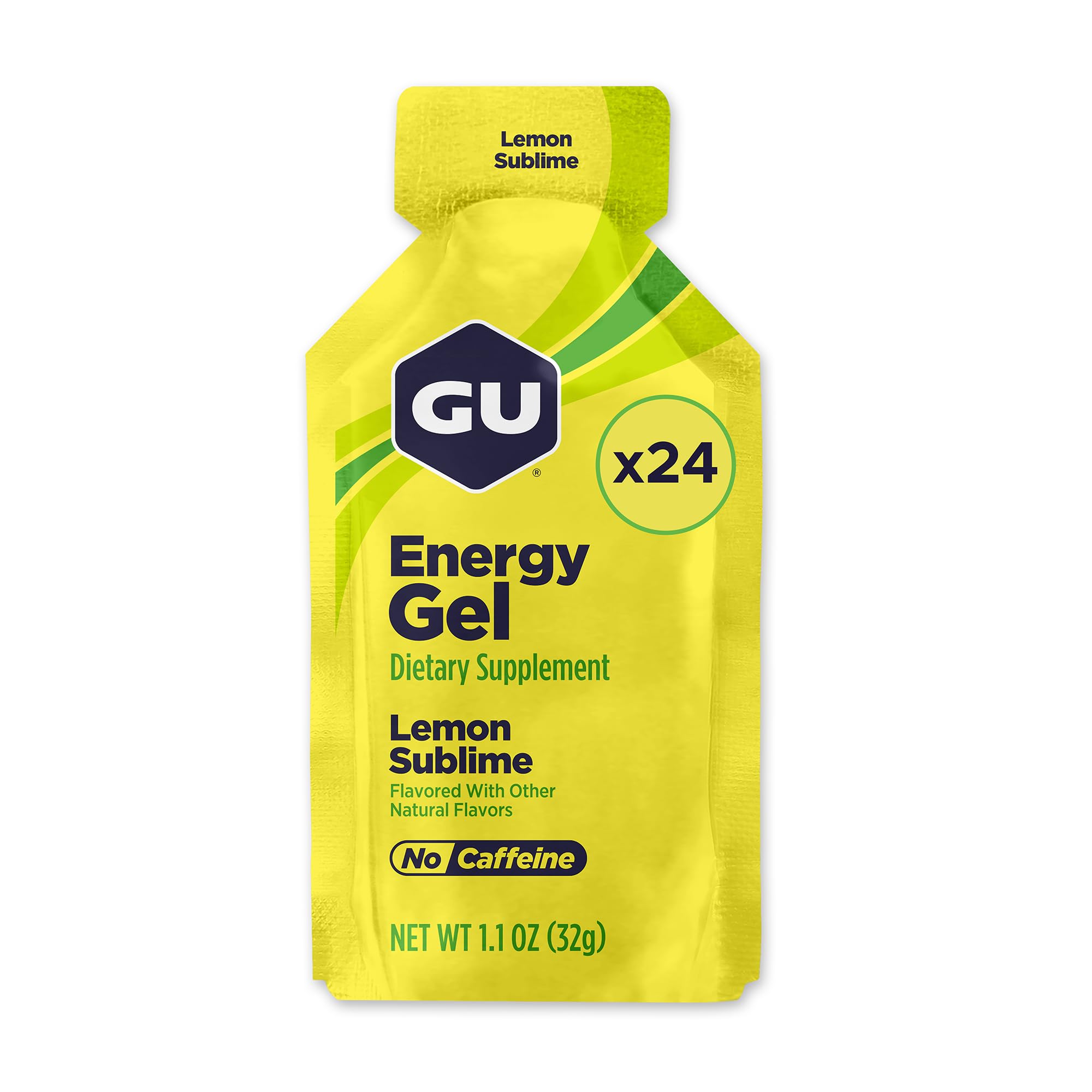 GU Energy frontal del pack de 24 unidades mostrando el sabor Lemon Sublime y portabilidad