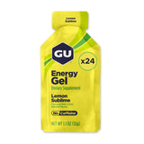 GU Energy frontal del pack de 24 unidades mostrando el sabor Lemon Sublime y portabilidad