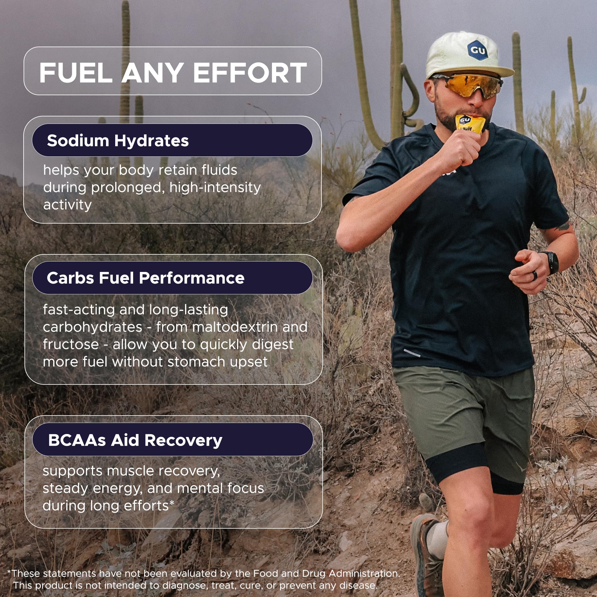GU Energy sobre en mano que muestra tamaño compacto y portátil