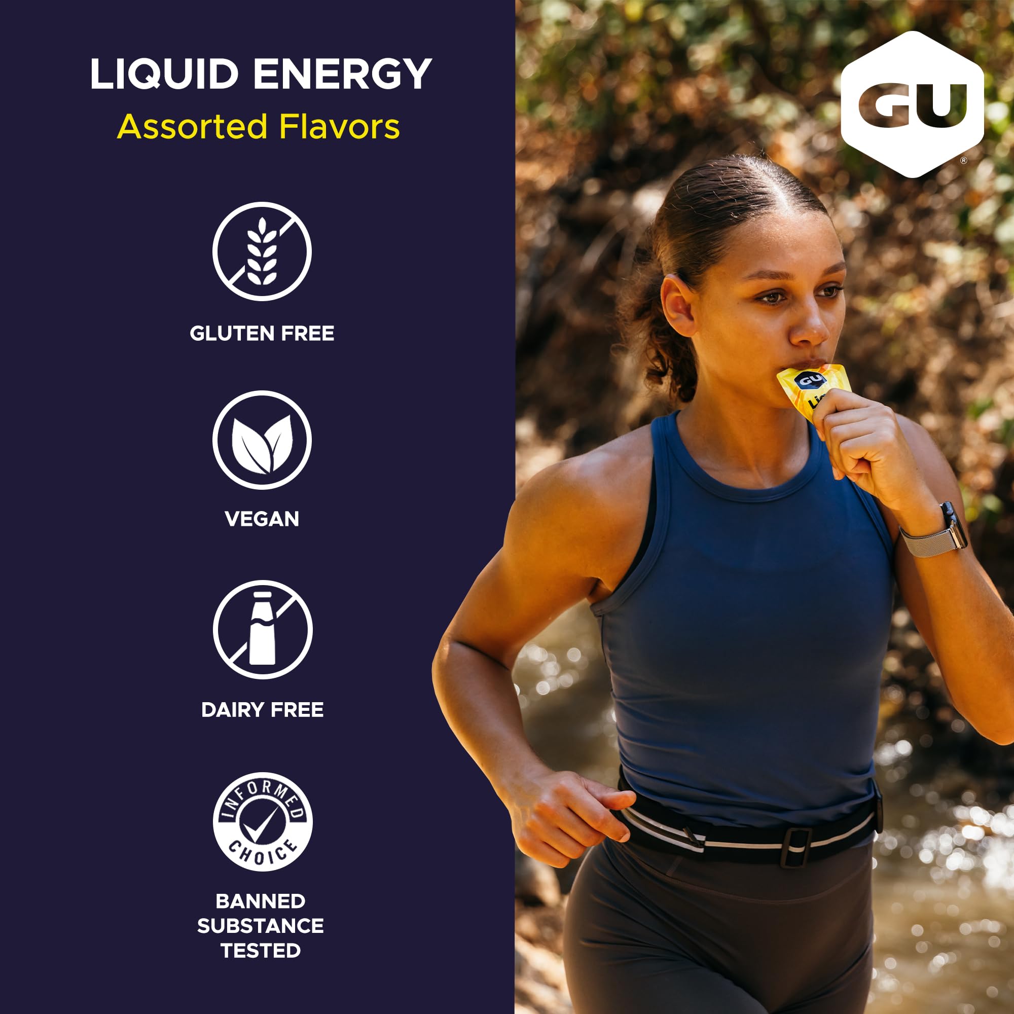 GU Energy atleta tomando gel durante carrera para energía inmediata