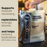 Deportista agitando shaker con GU Energy Roctane para una recuperación eficiente tras ejercicio