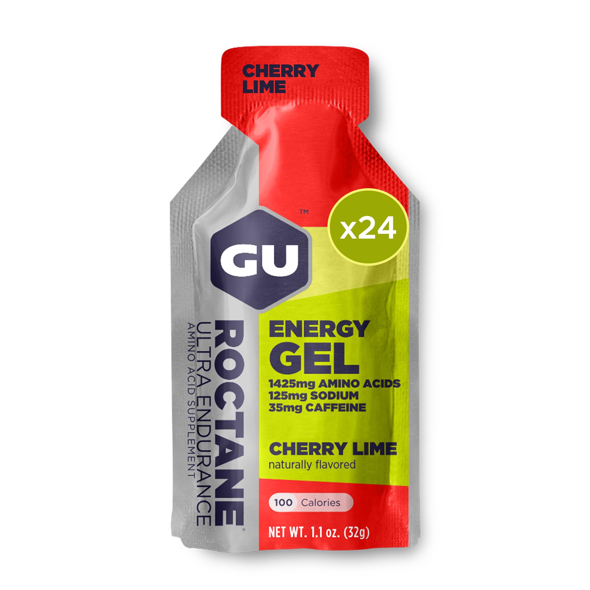 GU Energy frasco frontal Cherry Lime mostrando paquete y beneficio energético