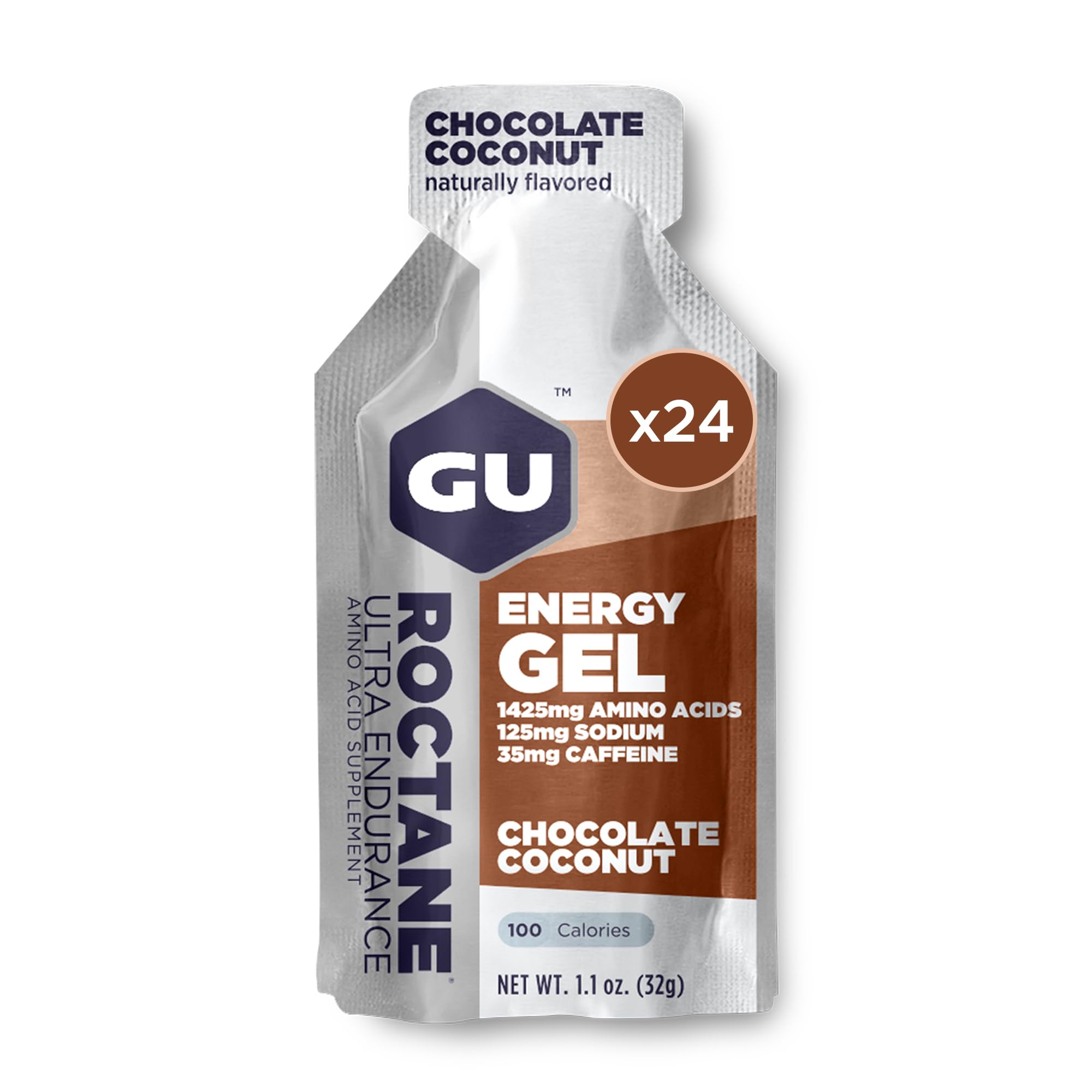 GU Energy empaque frontal Chocolate Coconut mostrando sello vegano y beneficio energético