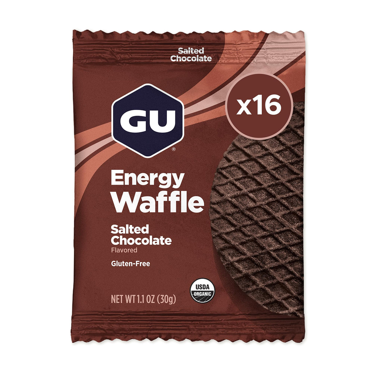 GU Energy frente del empaque mostrando 16 unidades y conveniencia