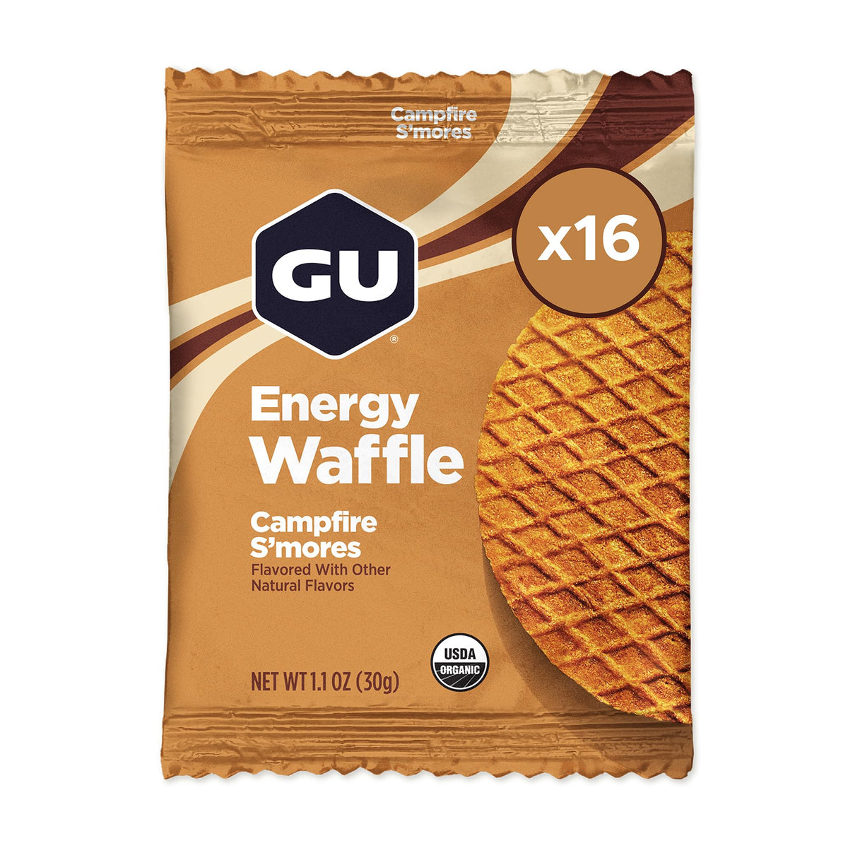 GU Energy frontal del empaque mostrando 16 unidades y diseño atractivo