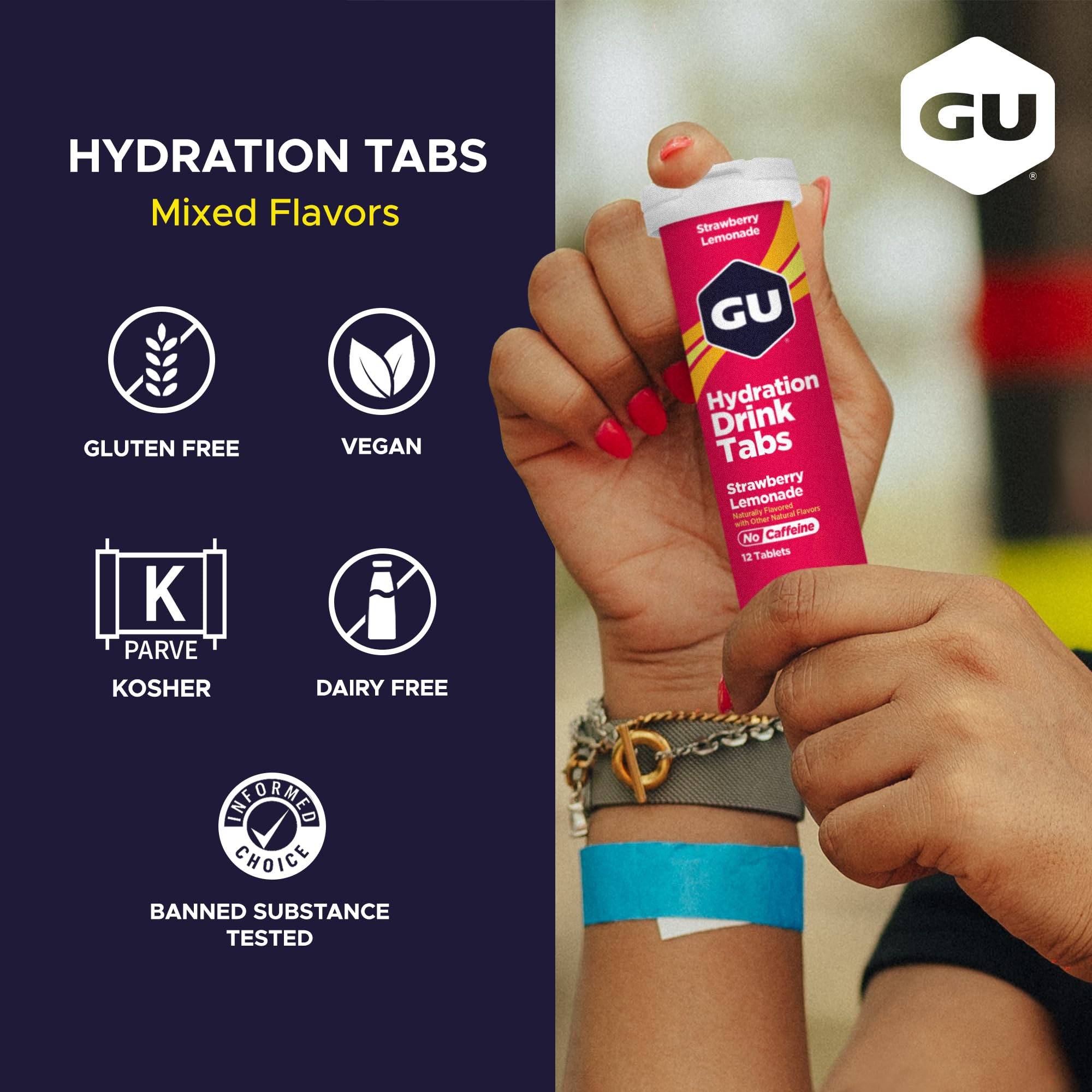 GU Energy tableta disolviéndose en agua señalando rapidez y sabor ligero