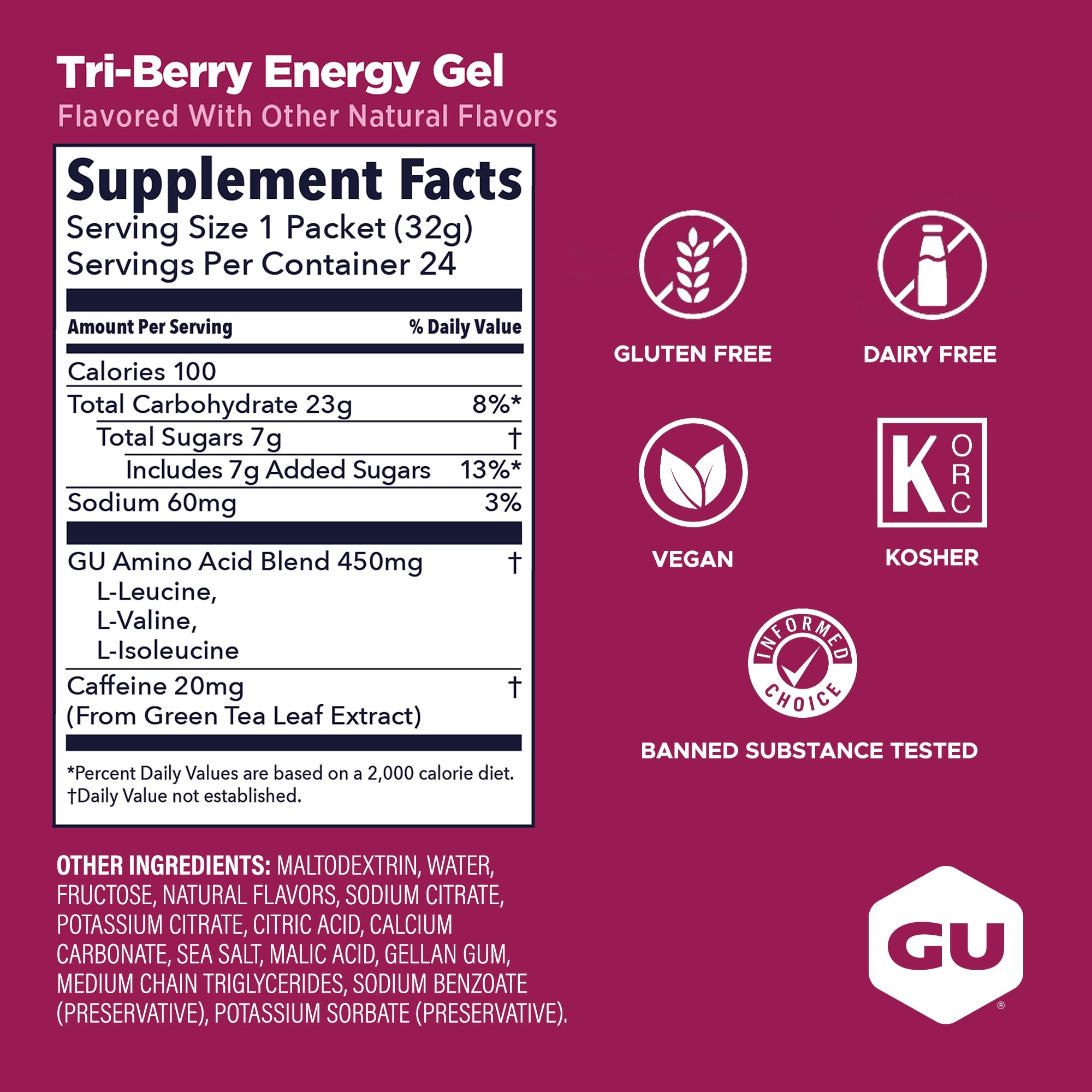 GU Energy gel Tri-Berry en mano para mostrar tamaño portátil y conveniencia
