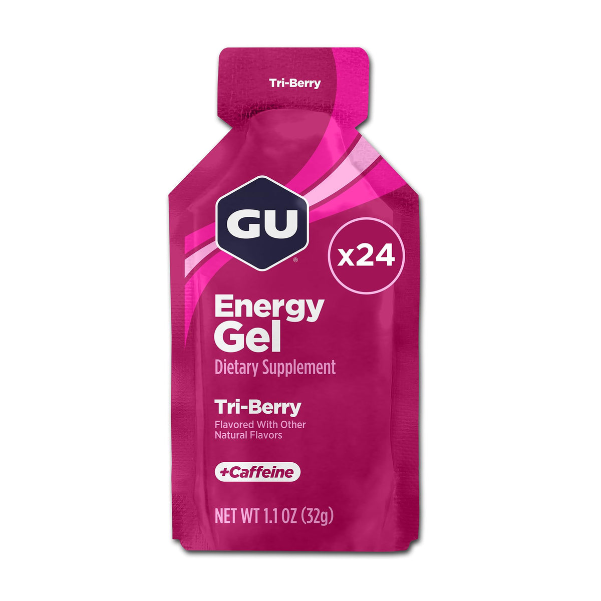 GU Energy gel Tri-Berry frontal mostrando diseño y beneficio energético