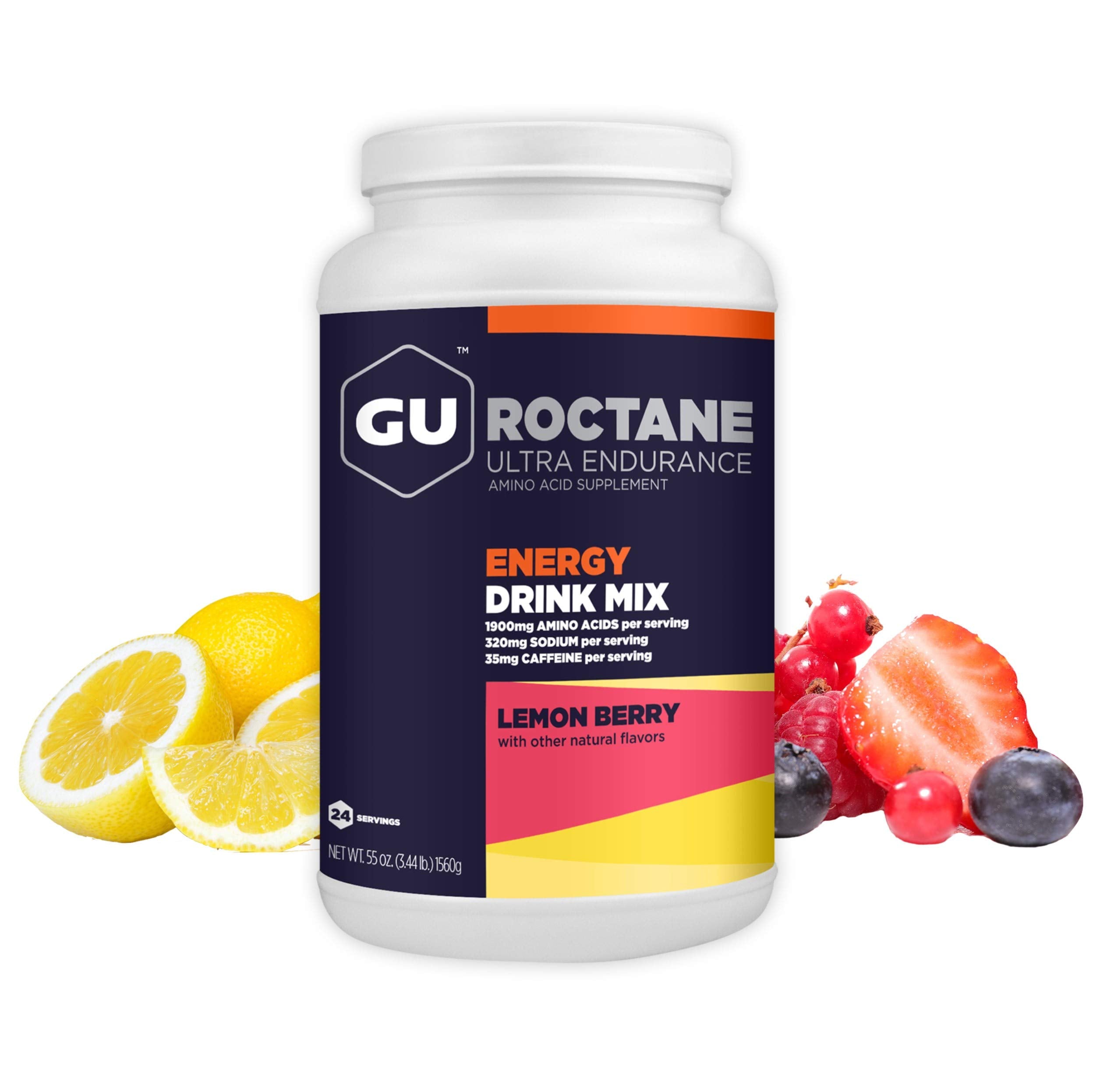 GU Roctane frente del envase mostrando 3.44 lb y sabor Lemon Berry, fácil identificación