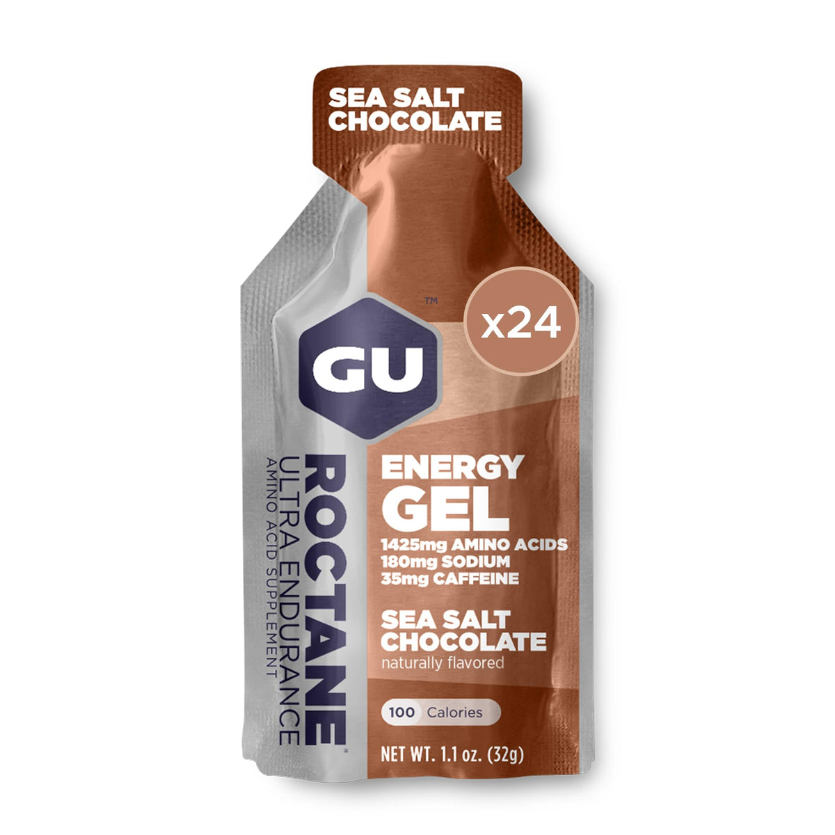 GU Roctane envase frontal Sea Salt Chocolate mostrando diseño y portabilidad