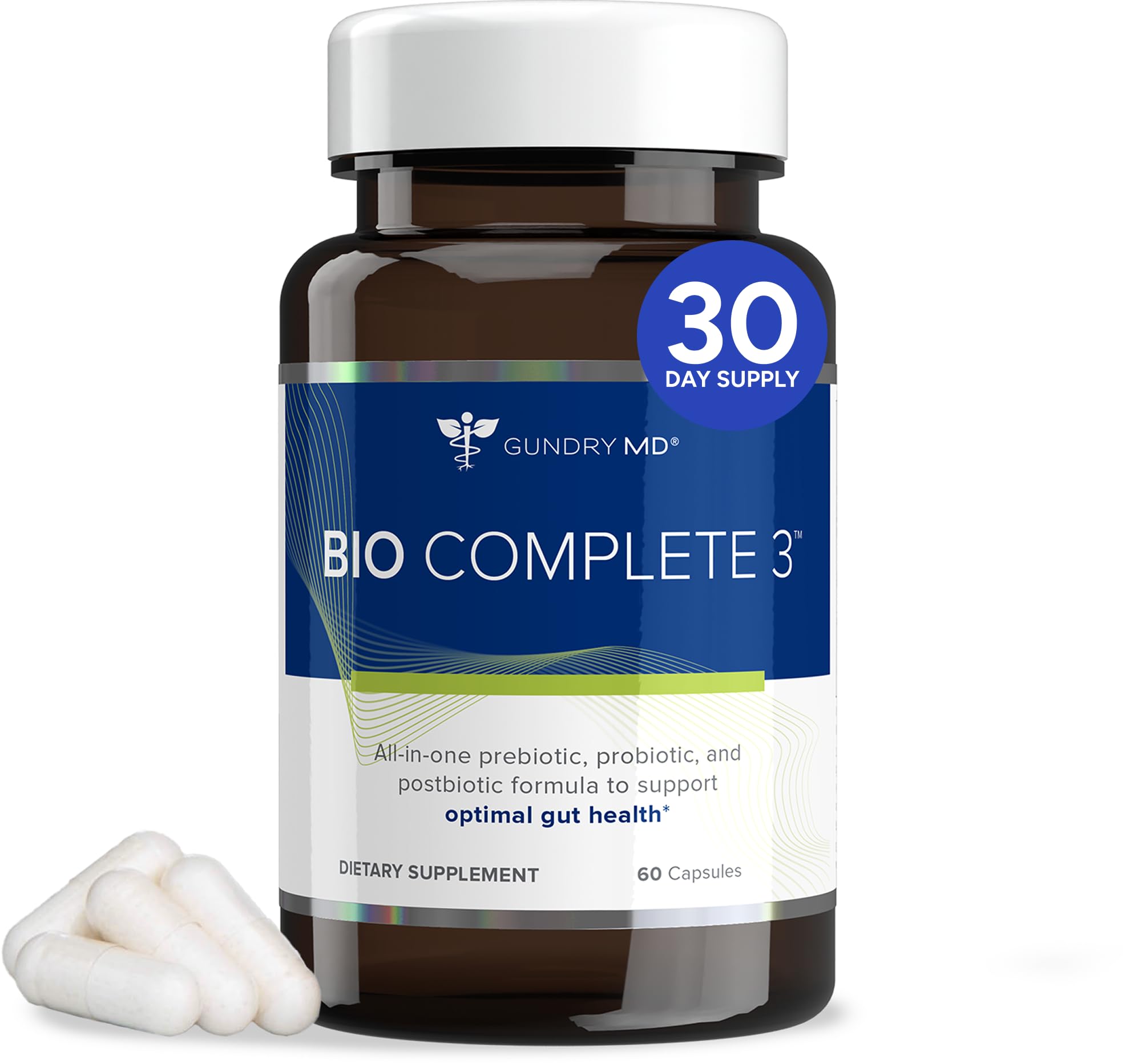 Gundry MD frasco frontal mostrando la etiqueta y beneficio digestivo