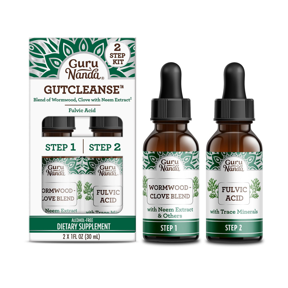 GuruNanda frasco frontal del kit Gutcleanse mostrando envases y beneficios