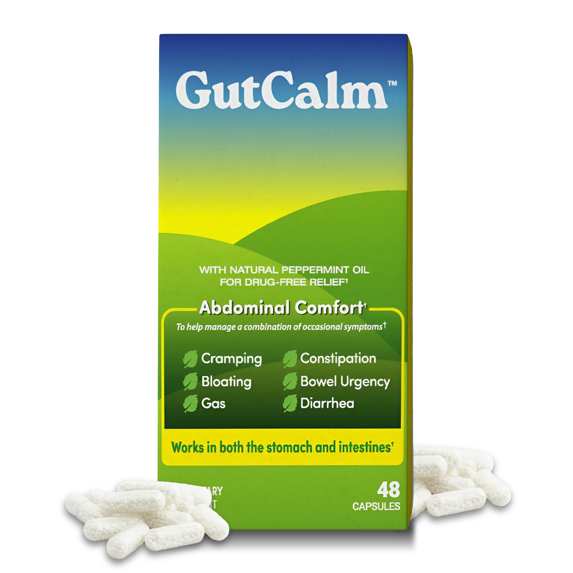 GutCalm envase frontal mostrando diseño y cantidad de cápsulas