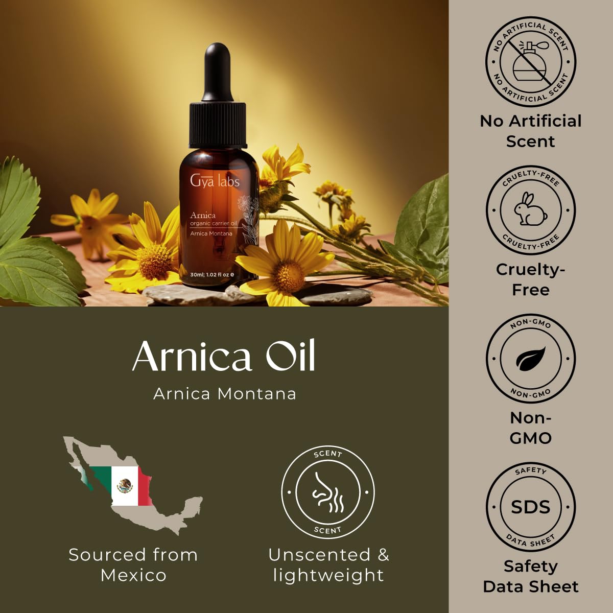 Gya Labs aceite de árnica en ambiente spa transmitiendo relajación natural