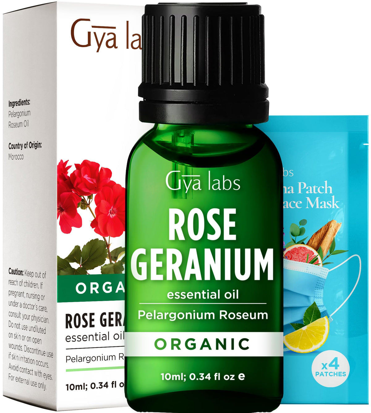 Gya Labs botella frontal mostrando aceite de geranio rosa, aroma natural