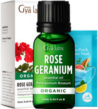 Gya Labs botella frontal mostrando aceite de geranio rosa, aroma natural