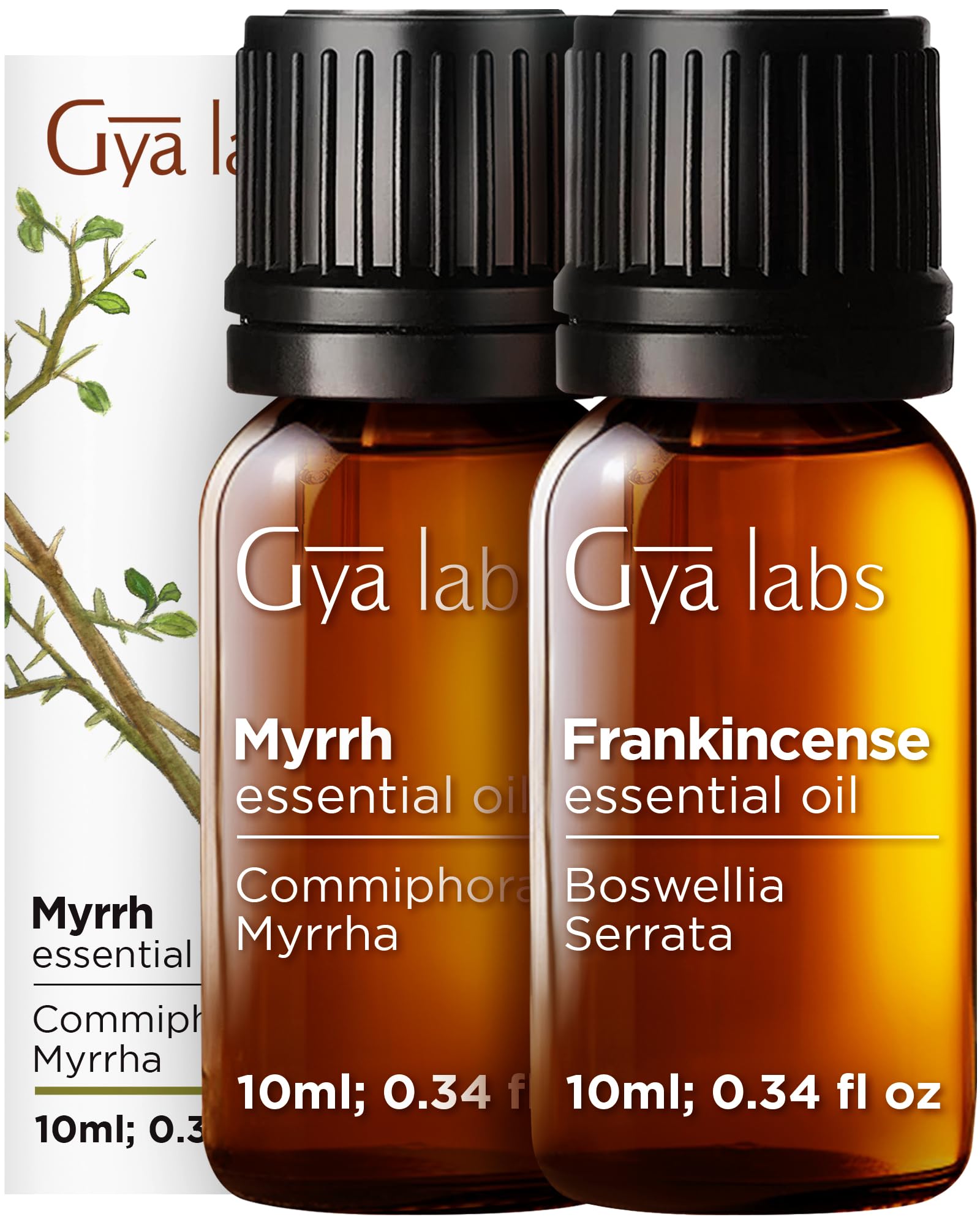 Gya Labs frascos frontales del pack incienso y mirra mostrando presentación