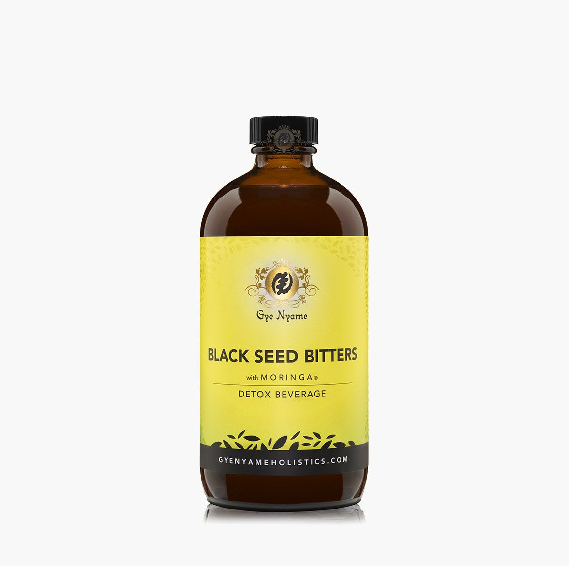 Gye Nyame botella frontal del tónico herbal mostra beneficios de conveniencia