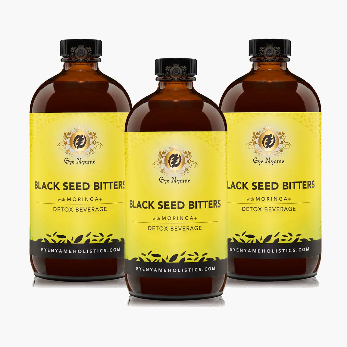 Gye Nyame detalle de moringa y semilla negra mostrando ingredientes naturales