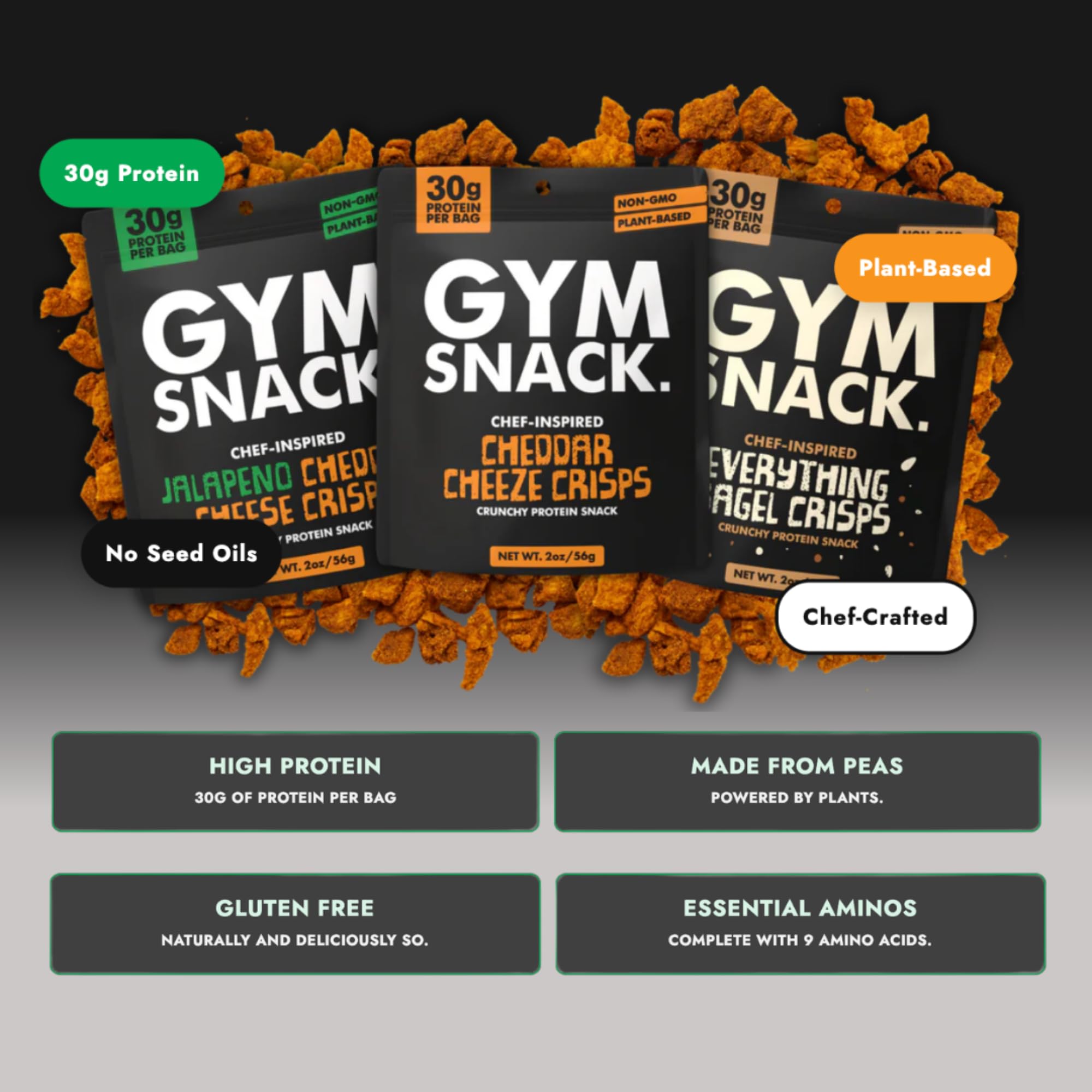 GYM SNACK primer plano de la textura crujiente que resalta su horneado y baja grasa