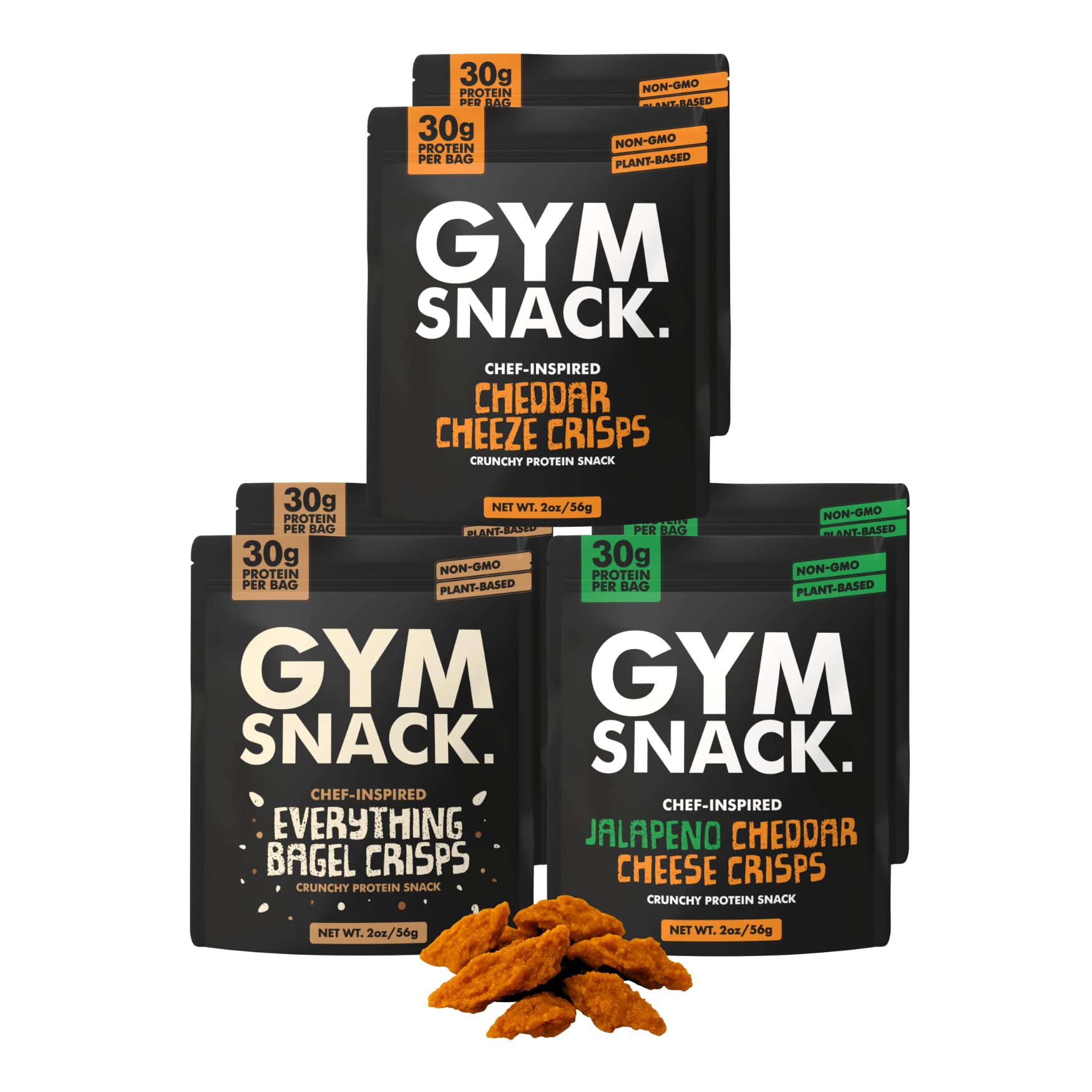 GYM SNACK paquete frontal variedad mostrando los tres sabores y beneficio de proteína alta