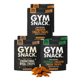 GYM SNACK paquete frontal variedad mostrando los tres sabores y beneficio de proteína alta