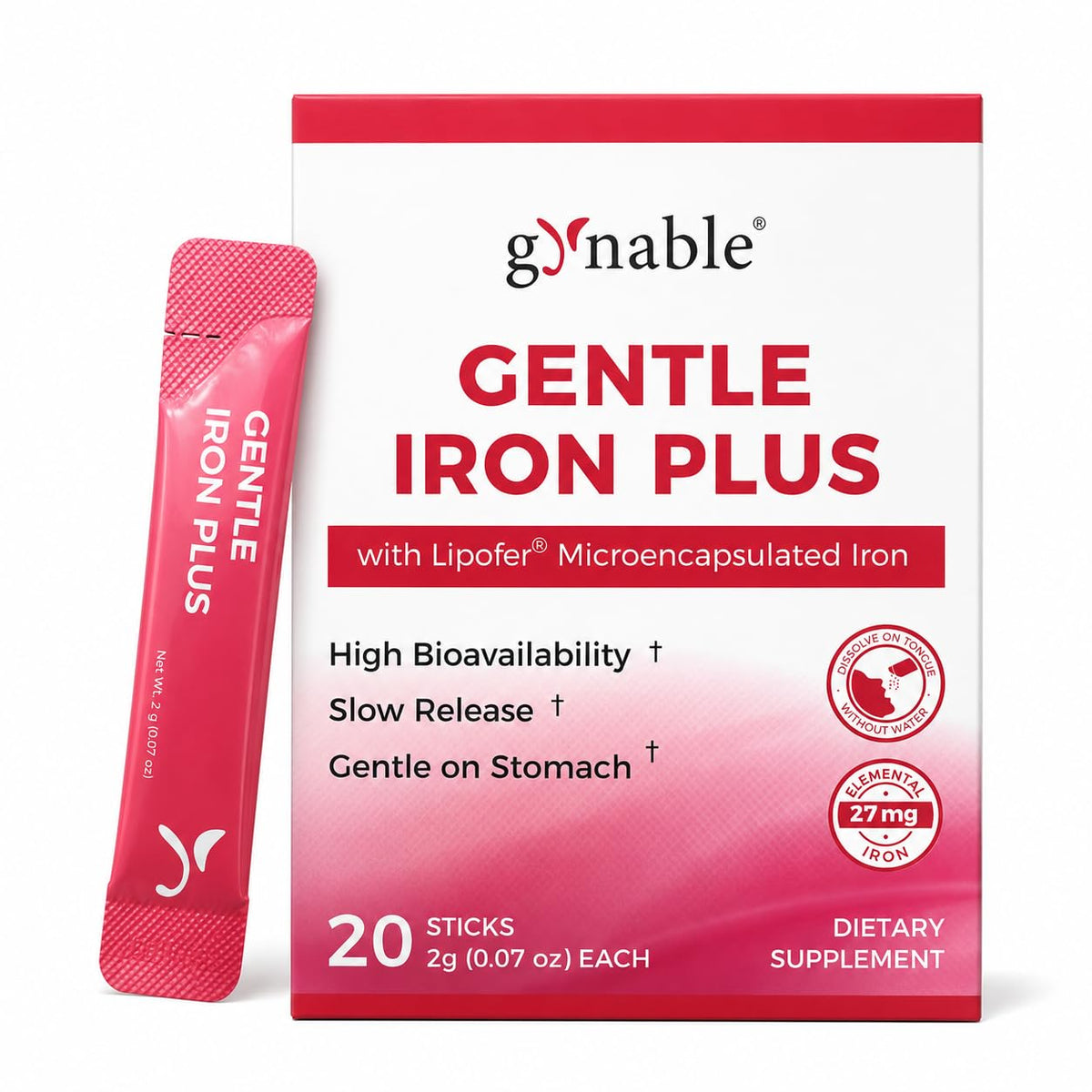 Gynable frente del empaque mostrando sticks y beneficios visibles