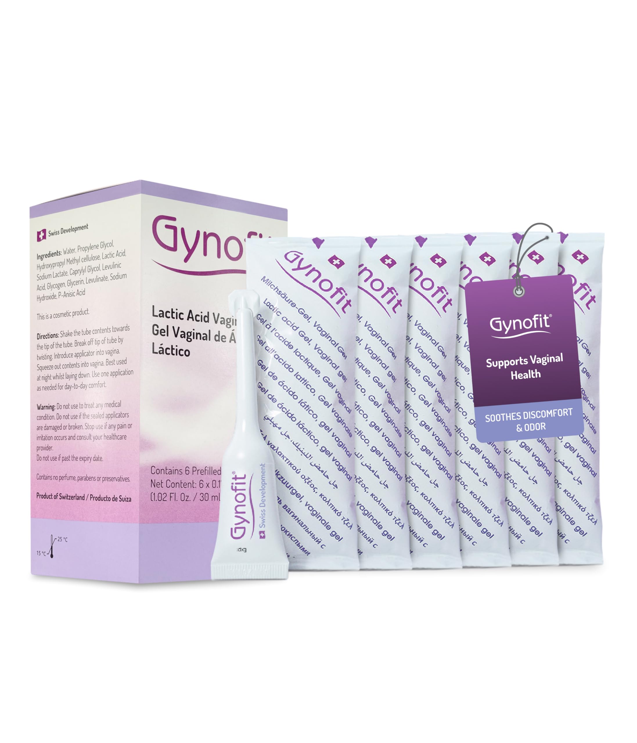 Gynofit vista frontal del empaque mostrando presentación de seis aplicadores y beneficios