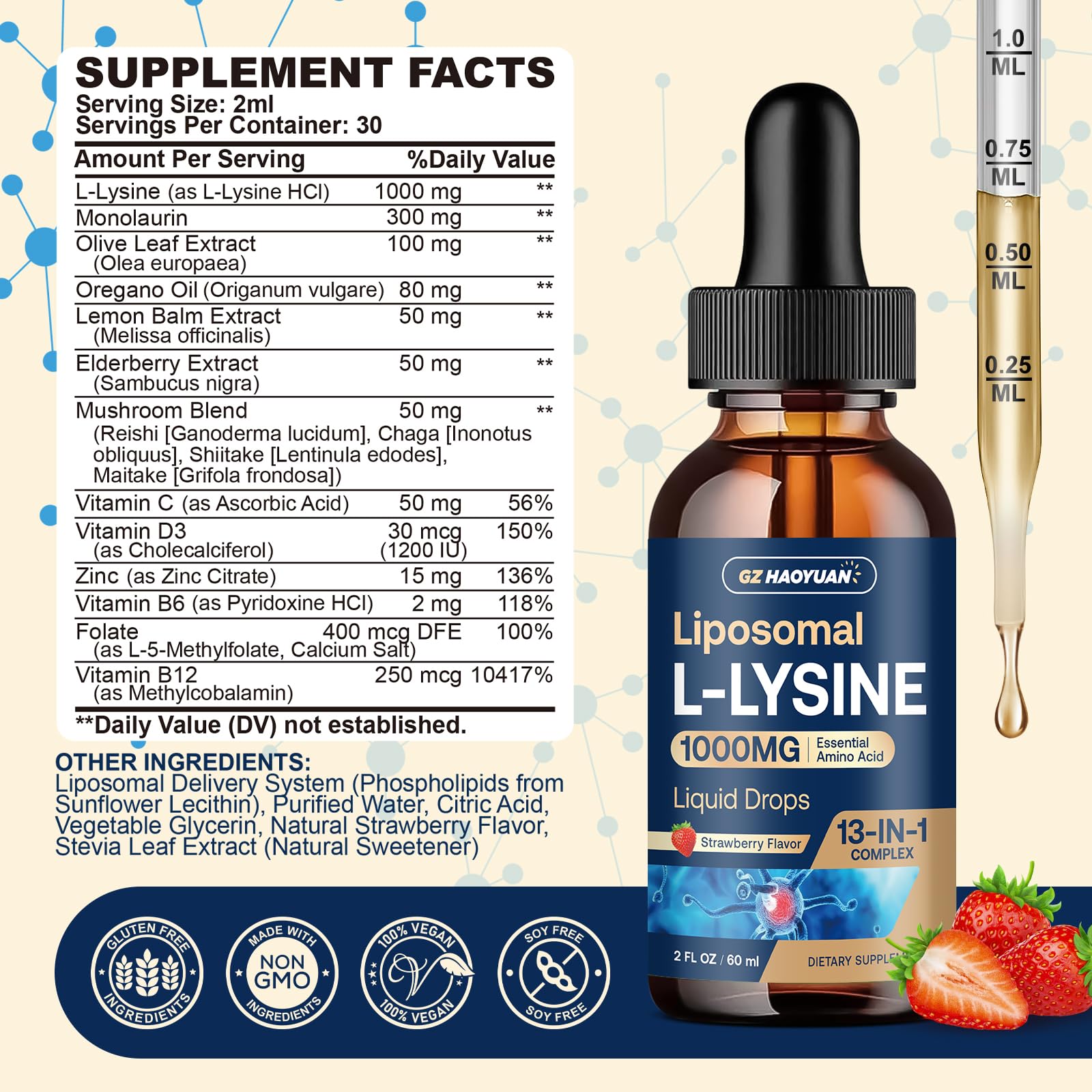 GZ HAOYUAN detalle de la etiqueta con ingredientes clave y beneficios visibles