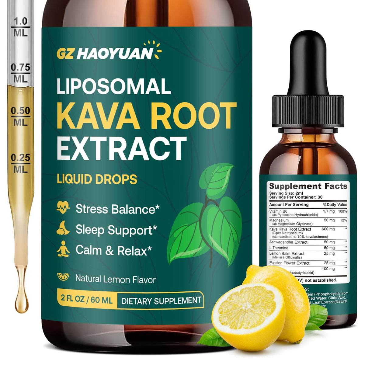 GZ HAOYUAN frasco delantero de kava liposomal mostrando el diseño y tamaño