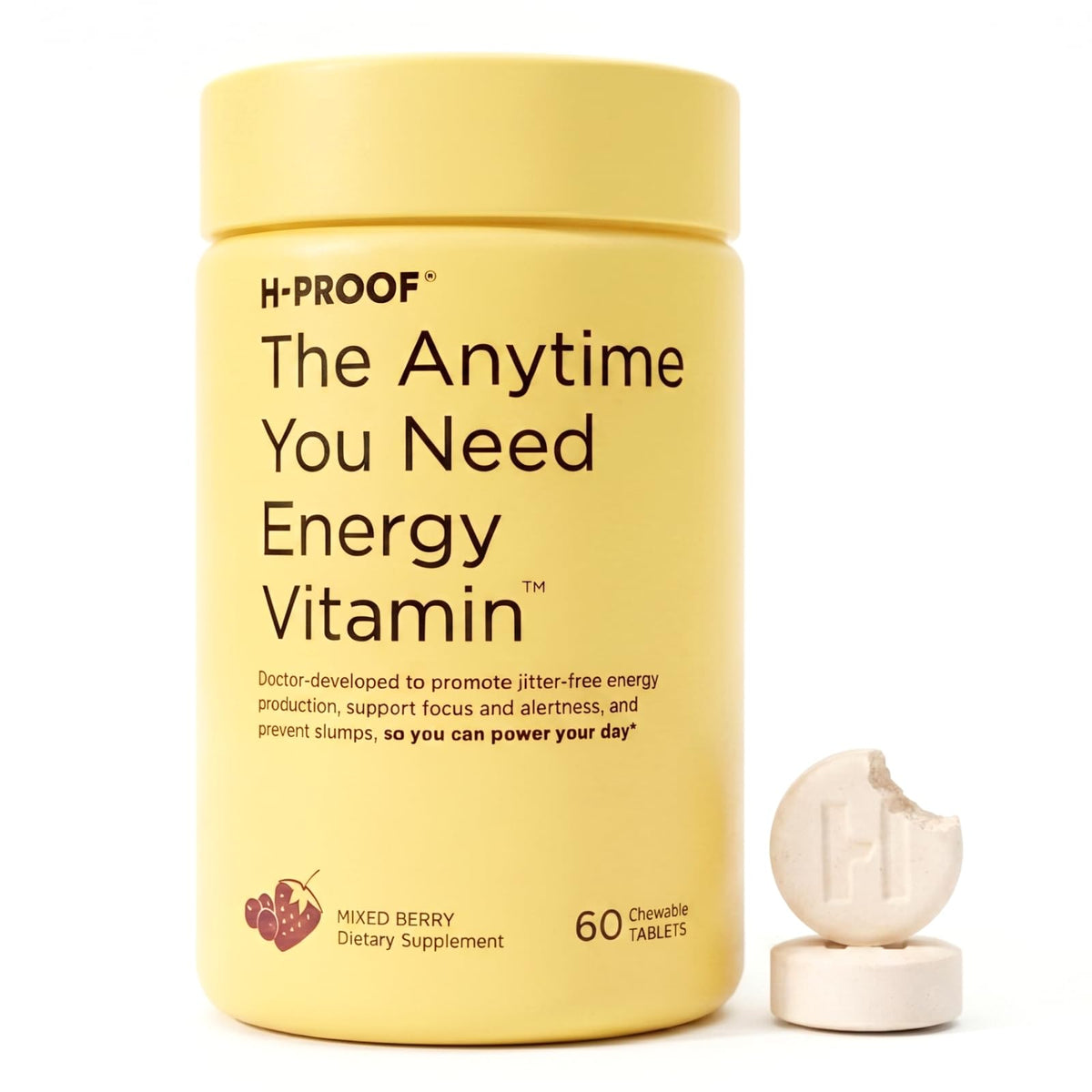 H-PROOF envase frontal mostrando 60 tabletas y conveniencia energizante