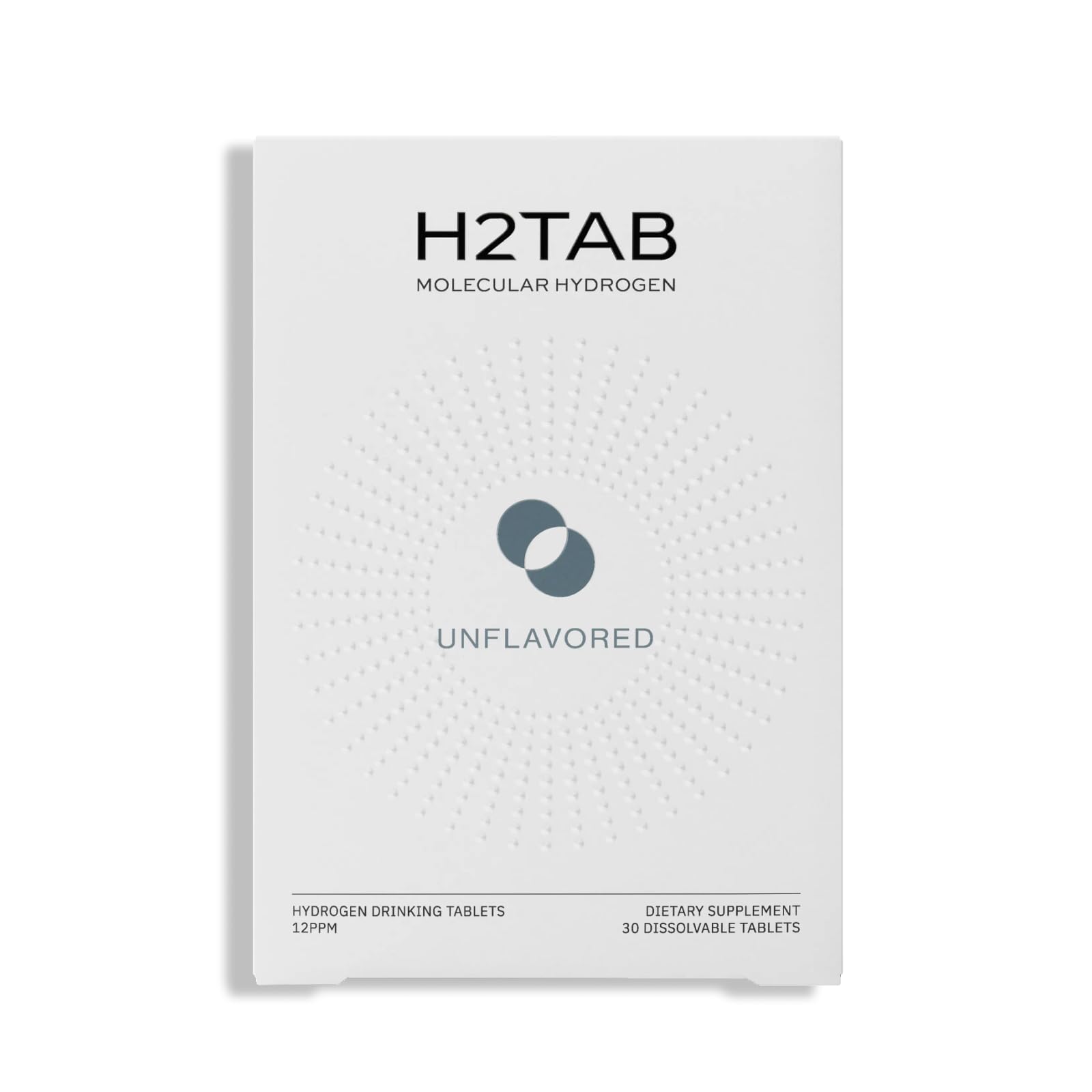 H2Tab frente del envase mostrando 30 tabletas y fácil almacenamiento