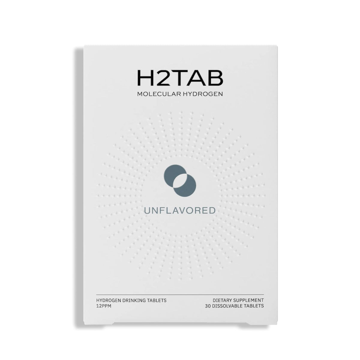 H2Tab frente del envase mostrando 30 tabletas y fácil almacenamiento