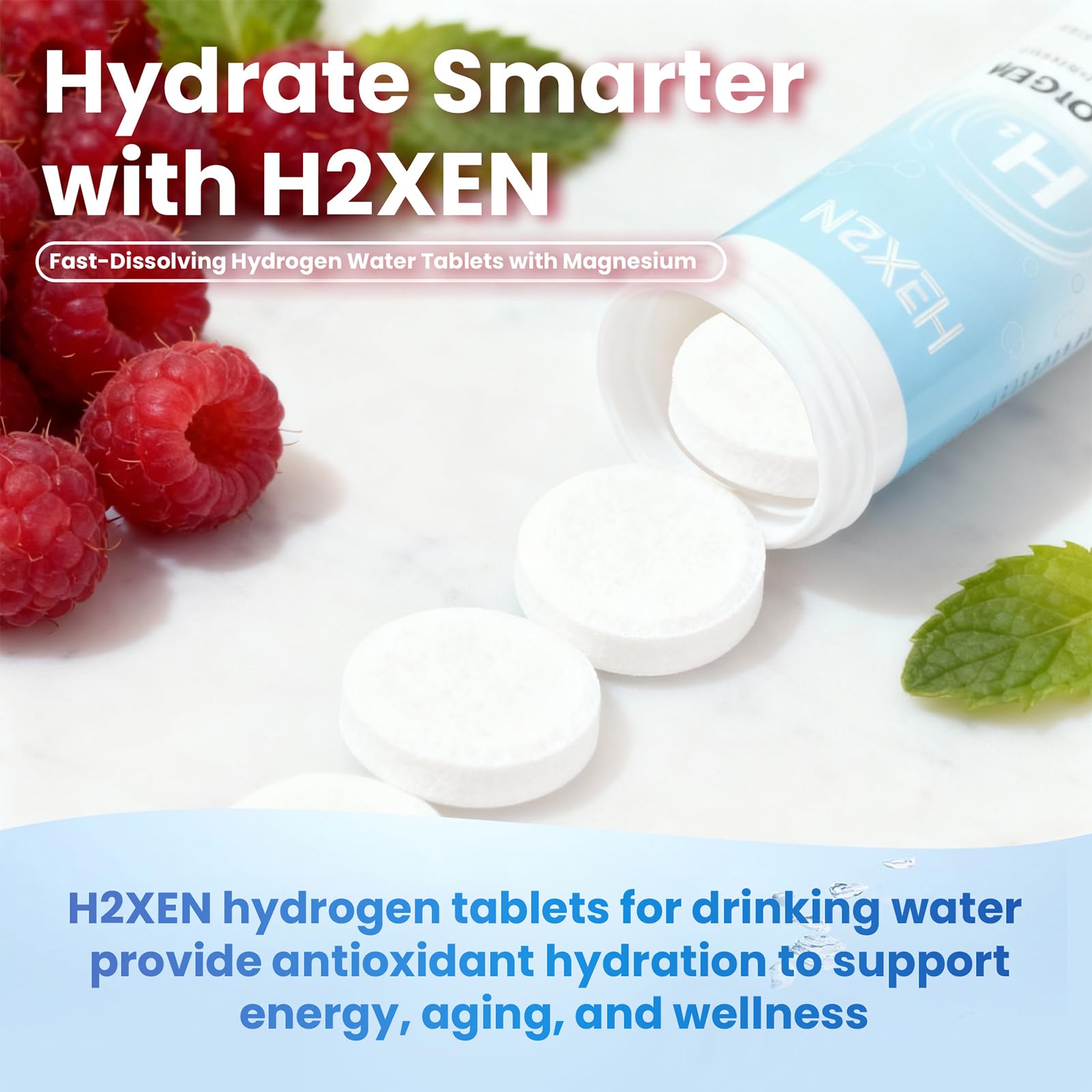 H2XEN textura efervescente en agua mostrando liberación de hidrógeno y frescura