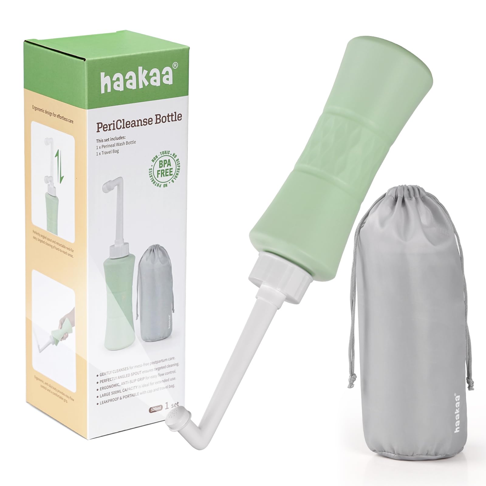 haakaa botella peri frontal mostrando diseño ergonómico y ventaja de capacidad