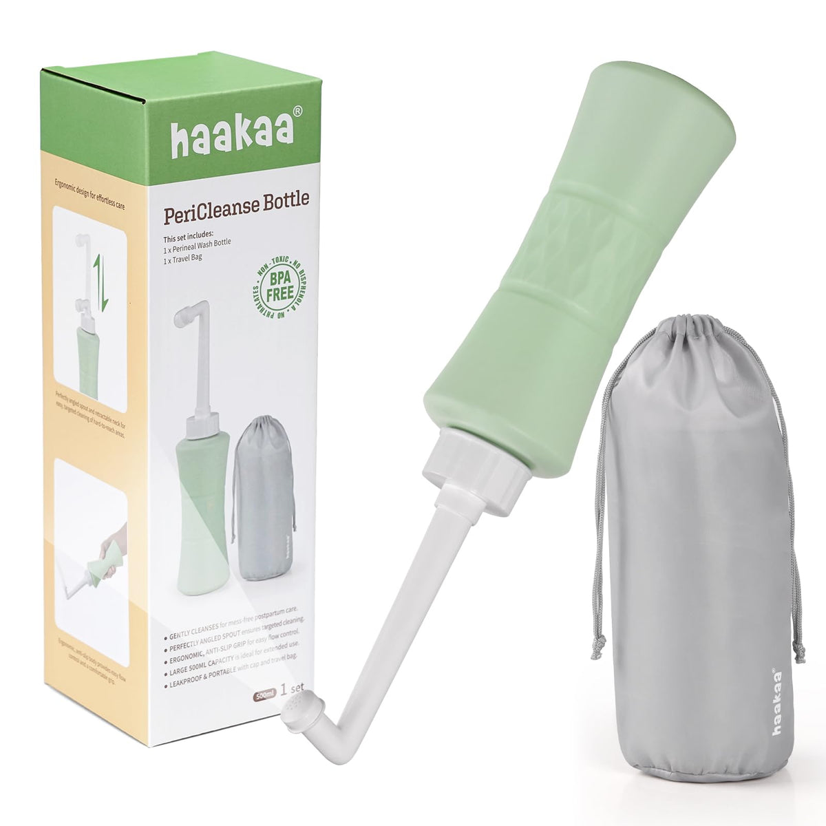 haakaa botella peri frontal mostrando diseño ergonómico y ventaja de capacidad