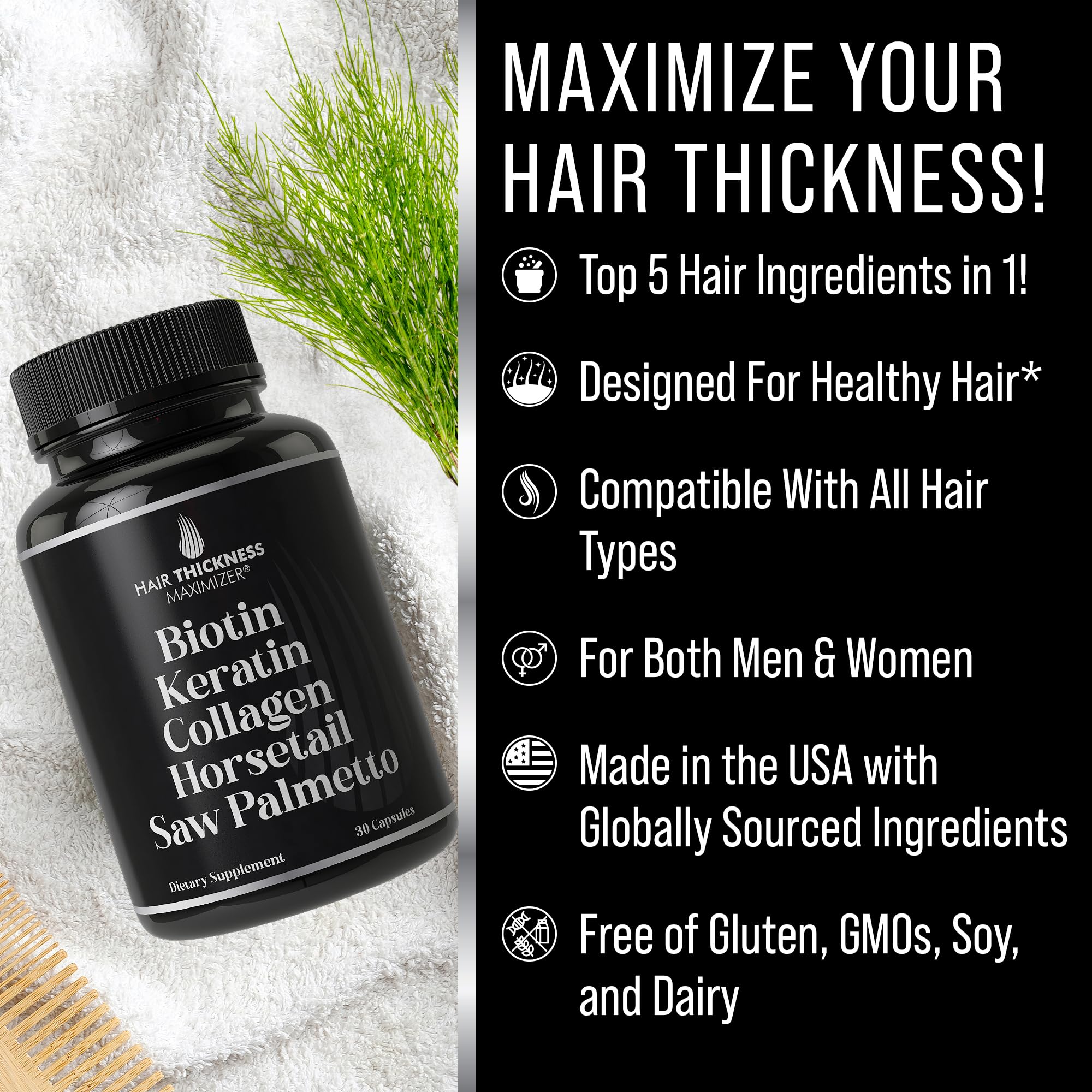 Hair Thickness Maximizer cápsulas en primer plano destaca pureza y mezcla 5-en-1