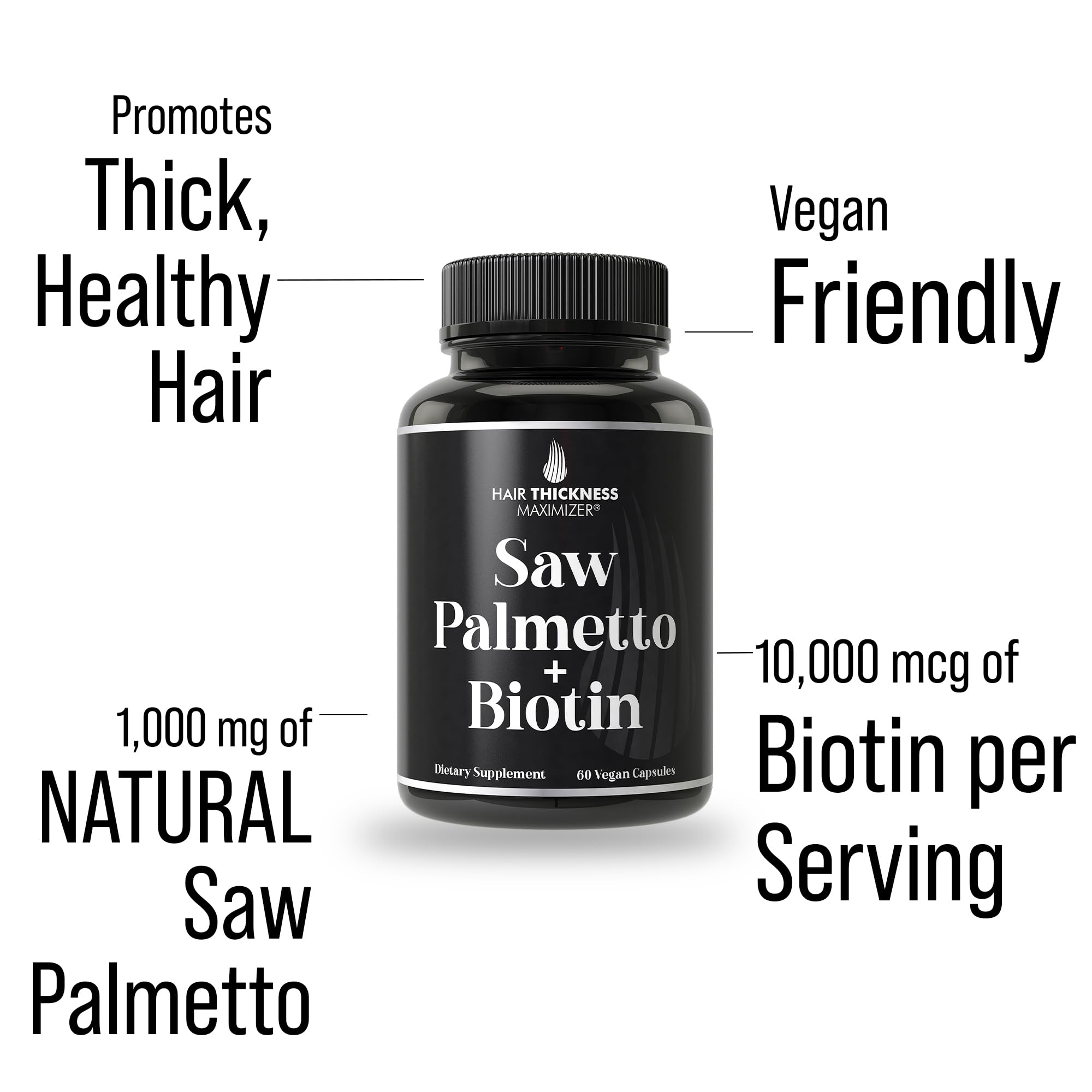 Hair Thickness Maximizer cápsulas apiladas, muestra formato vegano y pureza