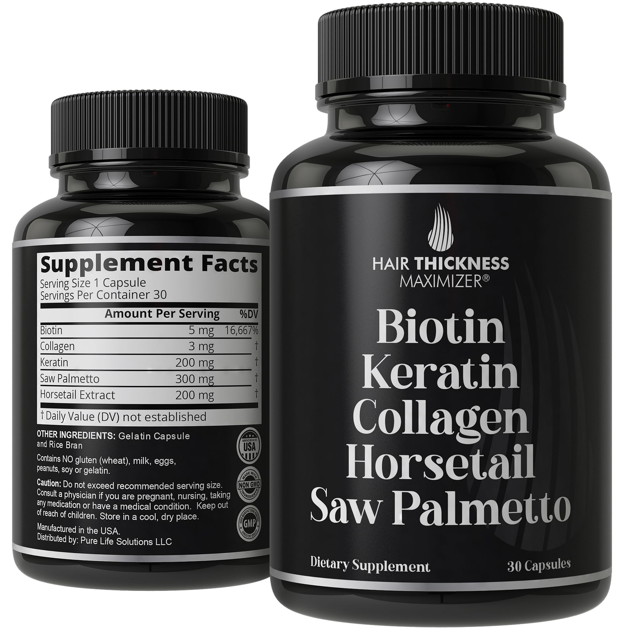 Hair Thickness Maximizer etiqueta de ingredientes destaca biotina y calidad GMP