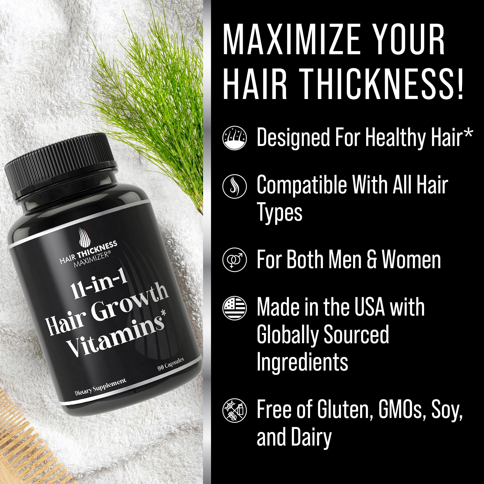 Hair Thickness Maximizer ingredientes muestra biotina y semillas beneficiosas