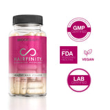 Hairfinity caja abierta con cápsulas que muestra la cantidad por envase