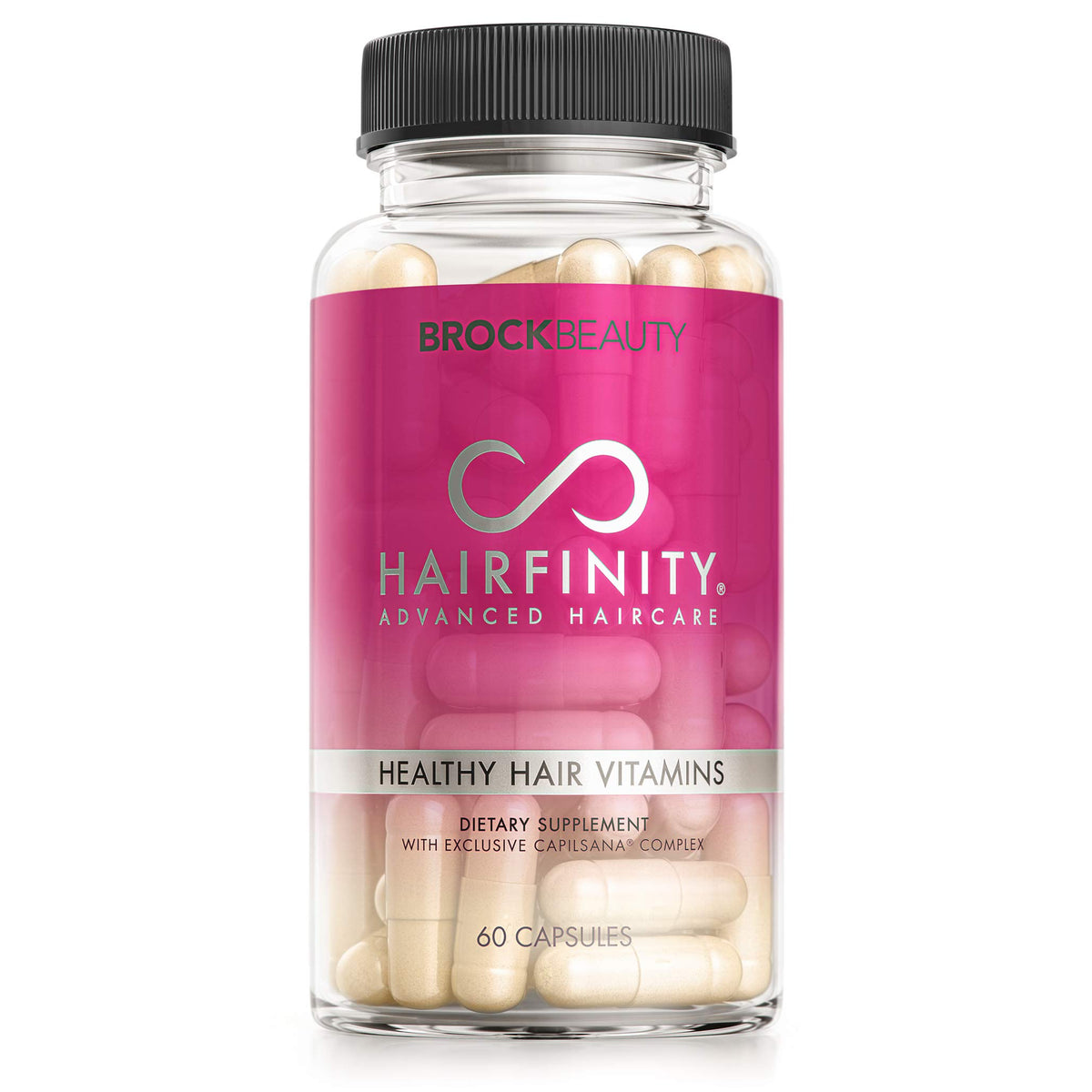 Hairfinity frente del empaque mostrando el diseño y beneficio vegano