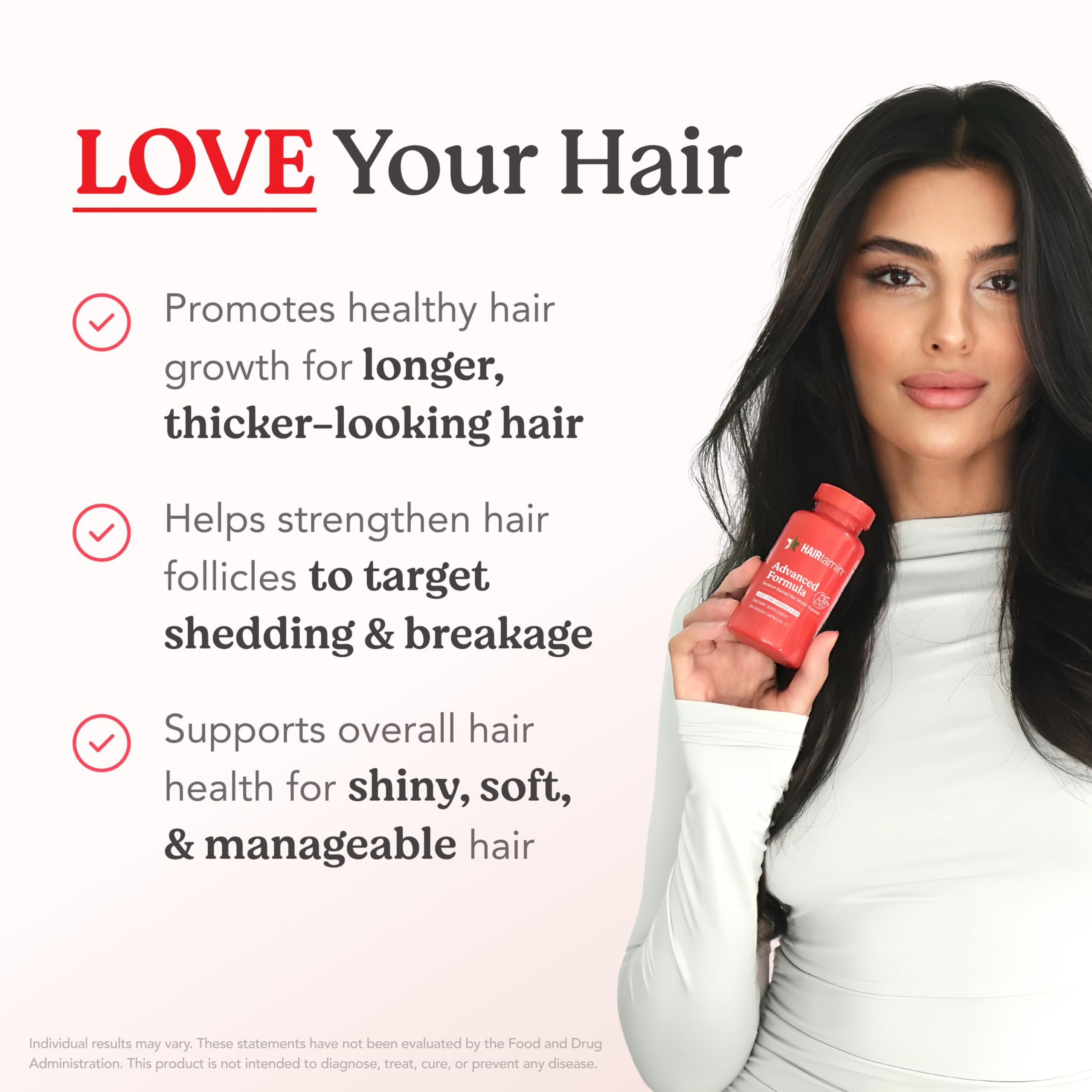 HAIRtamin etiqueta con lista de ingredientes clave y beneficios visibles