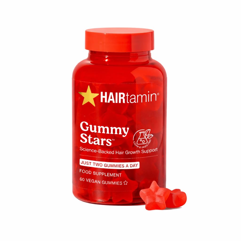 HAIRtamin envase frontal mostrando las Vegan Gummy Stars y beneficios visibles